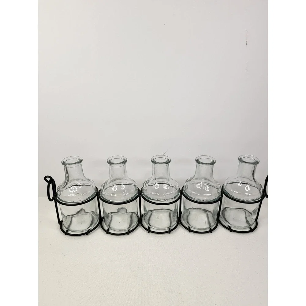 5 Piece Glass Bud Vase Set with Black Metal Wire Rack Caddy Farmhouse Decor